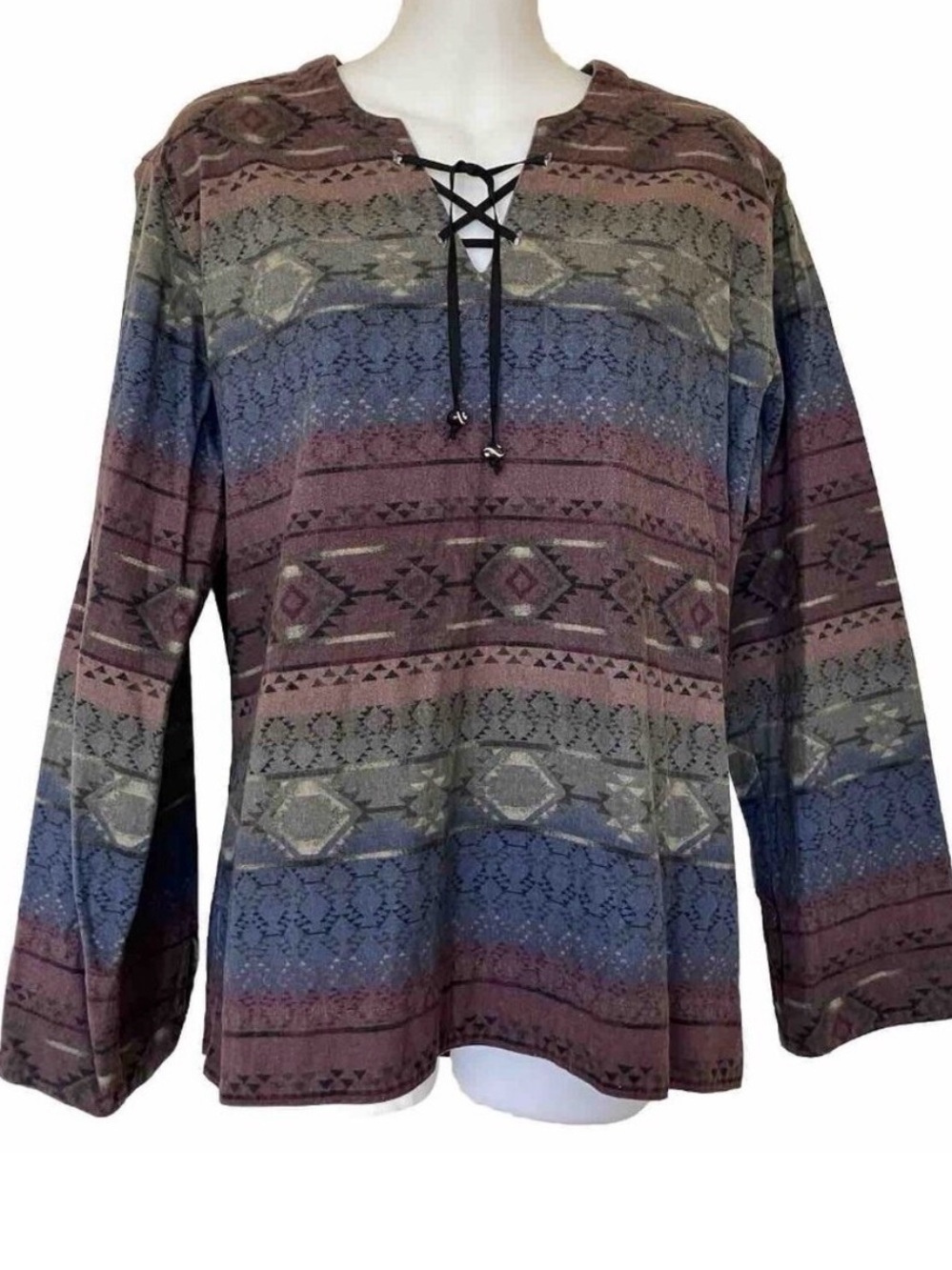 Cabela's Striped Lace-Up Boho Tunic in Mauve, Blue & Olive